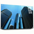 Acrylic print of Detroit skyline in muted gray and blue tones, suitable for bedroom or dining room decor.