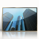 Framed acrylic print of Detroit skyline in gold and blue tones, ideal for modern art wall decor.