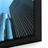 Framed canvas featuring a textured depiction of Detroit's skyline in black with colorful highlights.