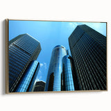 Vintage poster art of Detroit skyline in colorful hues on extra large framed canvas, ideal for living room decor.