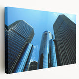 Side view of a stretched canvas featuring a detailed Detroit cityscape in muted gray and blue tones.