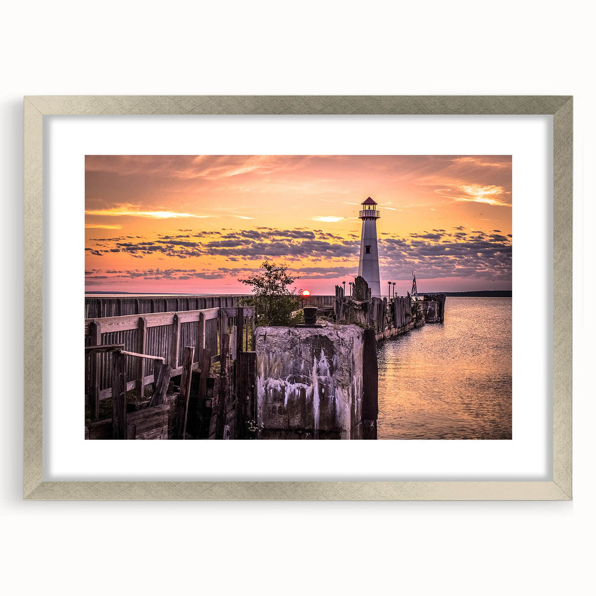 Textured abstract art print of Michigan's Upper Peninsula in earthy tones on a framed silver mat, suitable for bedroom decor.