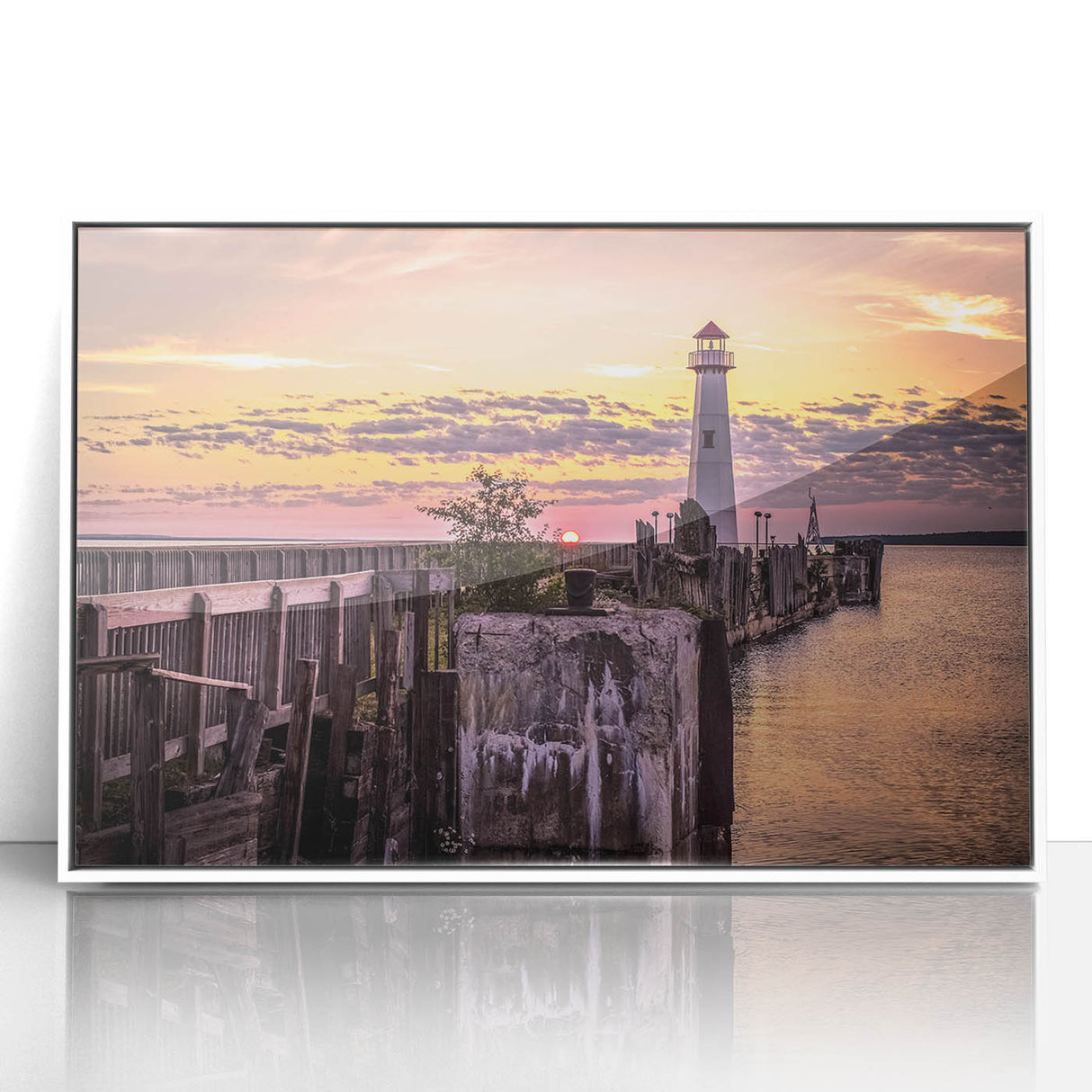 Acrylic print of a serene Michigan Upper Peninsula landscape in soft green and blue tones, framed in white.