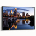 Black and white framed canvas depicting a vintage Minneapolis landscape, ideal for bedroom wall art.