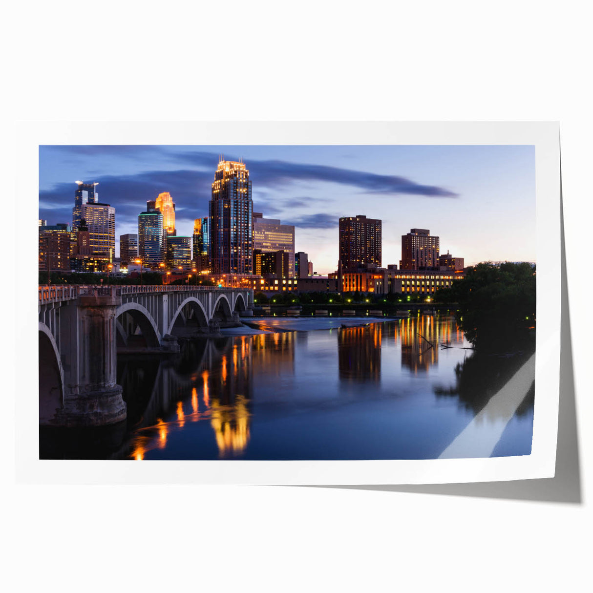 Rolled print of Minneapolis skyline with soft blue and gray tones, suitable as art wall dining room decor.
