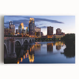 Black and white stretched canvas of Minneapolis skyline, ideal for kitchen wall art.