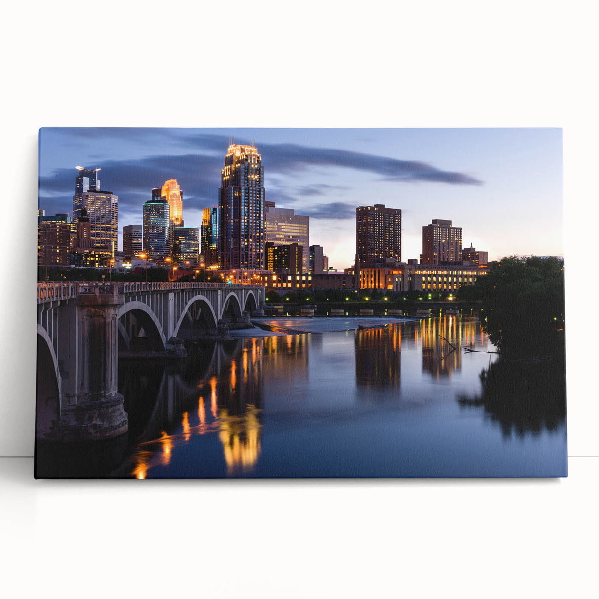 Black and white wall art featuring the Minneapolis skyline on stretched canvas.