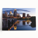 Black and white wall art featuring the Minneapolis skyline on stretched canvas.