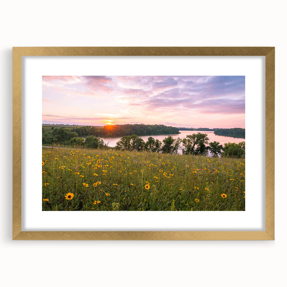 Abstract art print of Minnesota scenery in textured gold frame, featuring earth tones.