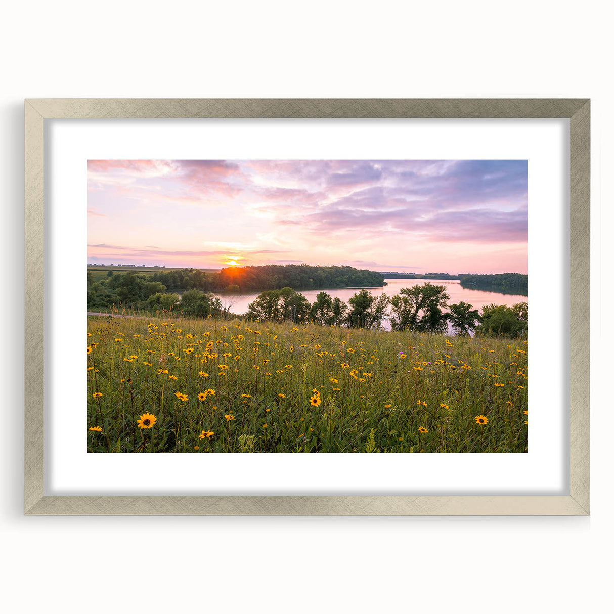 Textured abstract art print depicting a serene Minnesota landscape in muted earth tones, framed in silver.