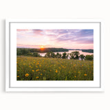 Abstract art print of a Minnesota landscape in muted blue and green tones on a framed white matte canvas.