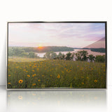 Mid-century modernist art depicting a Minnesota landscape in muted earth tones on a silver-framed acrylic print.