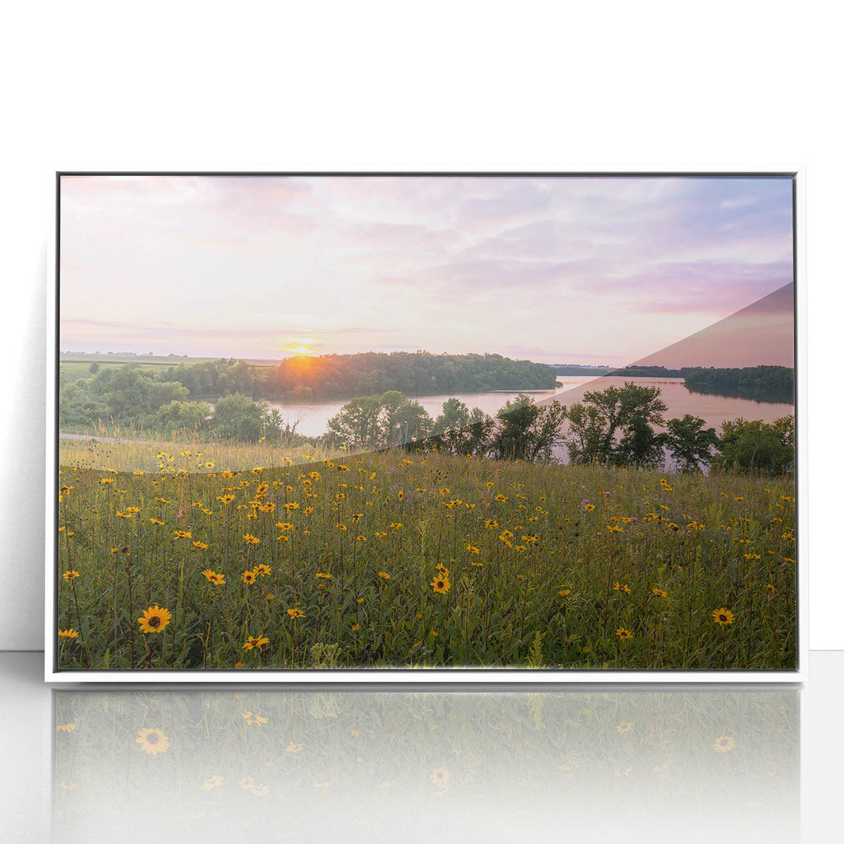 Art deco poster of Minnesota scenery in muted blue and white tones, acrylic print framed, ideal for nursery wall decor.