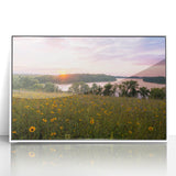 Art deco poster of Minnesota scenery in muted blue and white tones, acrylic print framed, ideal for nursery wall decor.