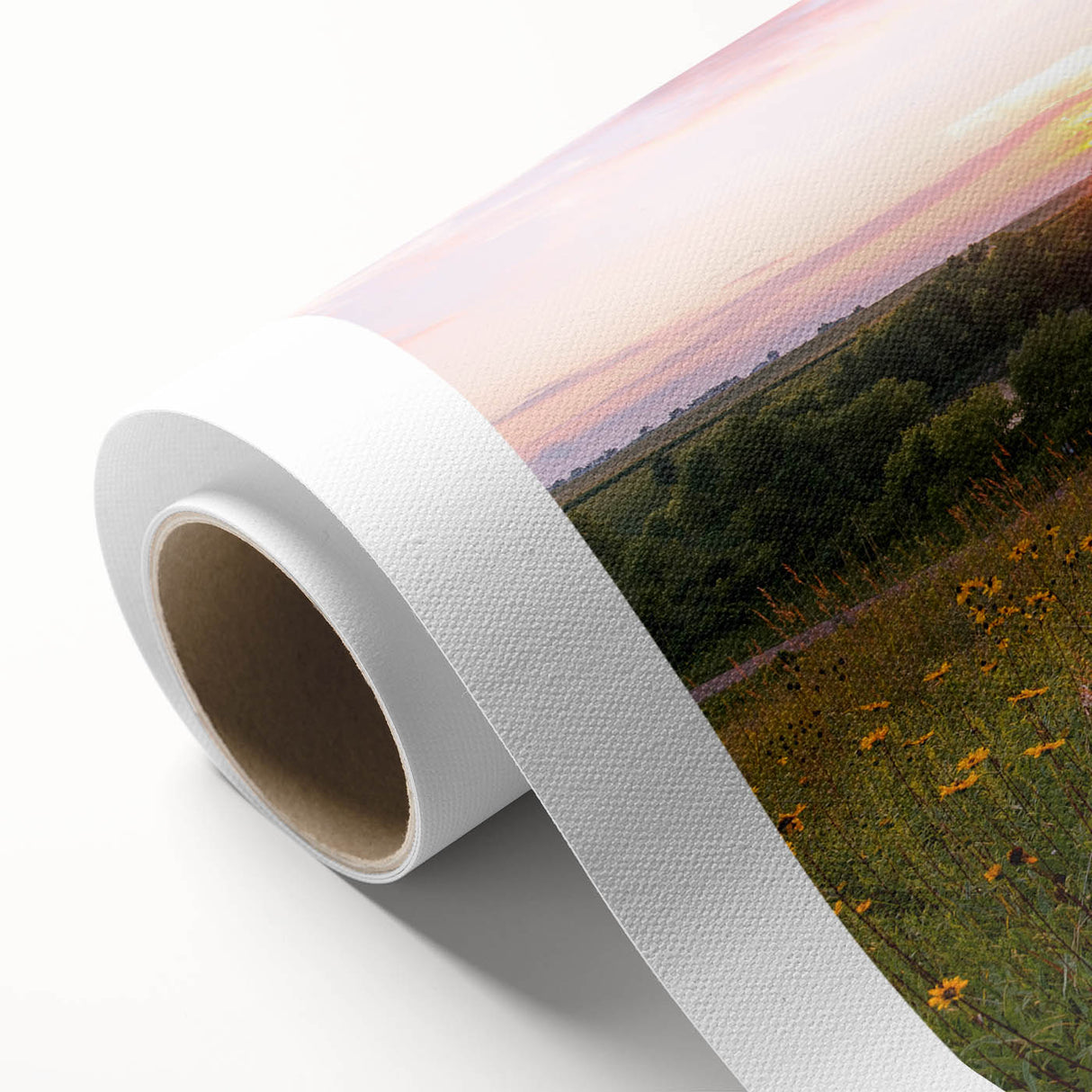 Art deco poster featuring a serene Minnesota landscape in muted green and blue tones on rolled canvas.