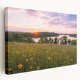 Side view of a stretched canvas featuring a serene Minnesota landscape in muted green and blue tones.