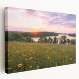Side view of a stretched canvas featuring a serene Minnesota landscape in muted green and blue tones.