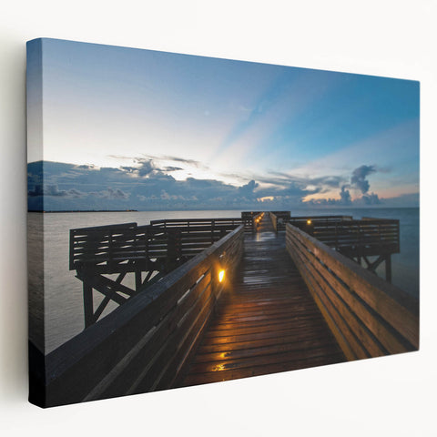 A panoramic Mississippi river landscape on a stretched canvas, featuring muted green and blue tones.