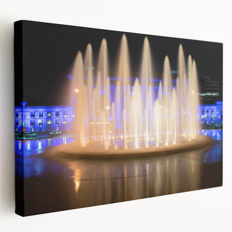 Kansas City skyline in muted gray and blue tones on a large stretched canvas, suitable for kitchen wall art.
