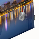 Large abstract depiction of St. Louis skyline in muted blue and gray tones on acrylic glass, suitable for dining room art.