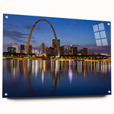 Acrylic print of the St. Louis, Missouri skyline in muted blue and gray tones, suitable for bedroom or dining room decor.