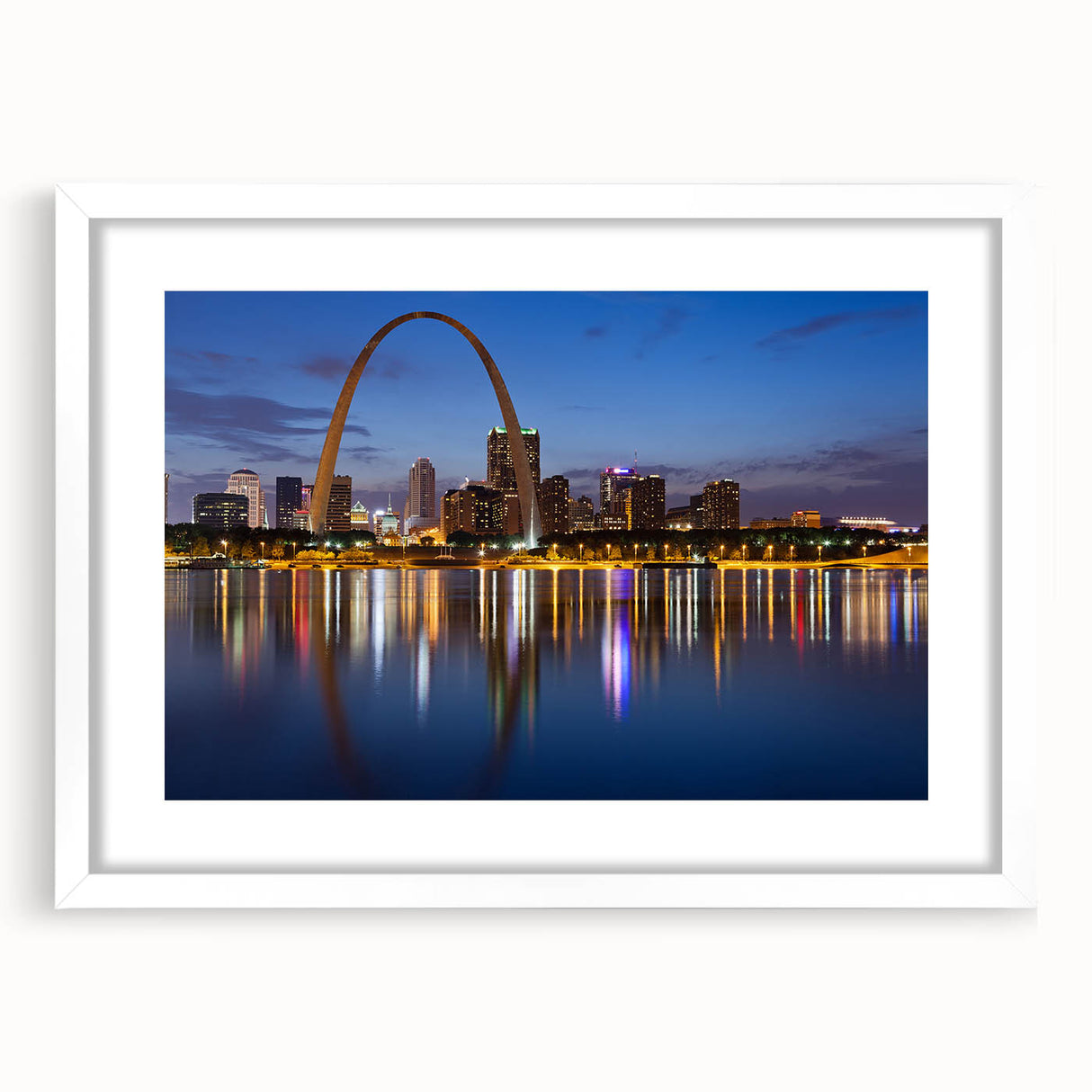 Abstract art print of St. Louis skyline in muted gray and blue tones on a white framed poster, ideal for dining room decor.
