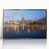 Mid-century modernist art of St. Louis skyline in gold and blue tones on framed acrylic, suitable for modern art wall decor.