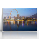 Art deco poster of St. Louis skyline in monochrome, framed acrylic, ideal for modern art wall decor.