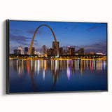 Black and white framed canvas of St. Louis skyline, ideal for bedroom wall art.