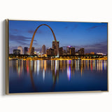 Framed canvas of a vintage-style St. Louis landscape in black and gold tones, ideal for bedroom wall art.