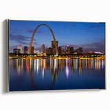 Framed canvas of St. Louis, Missouri landscape art with colorful and vintage poster style, ideal for living room decor.