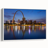 Vintage poster art of St. Louis skyline in colorful hues on a large framed canvas, ideal for living room decor.