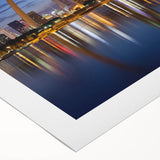 Art deco poster of St. Louis skyline in muted gray and blue tones on rolled canvas, suitable for dining room wall art.