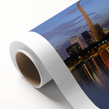 Art Deco style St. Louis skyline on rolled canvas, featuring pastel shades, ideal for nursery wall art.