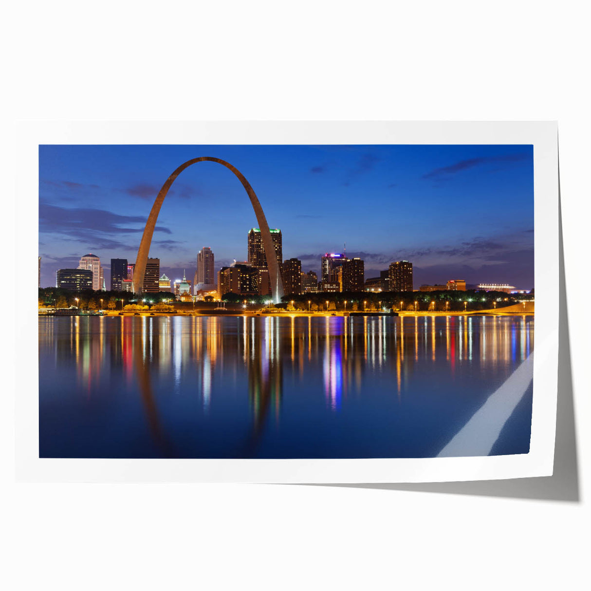 Extra large rolled print of St. Louis skyline with muted blue and gray tones, ideal for art wall dining room.