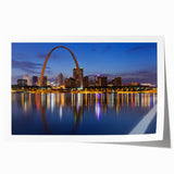 Extra large rolled print of St. Louis skyline with muted blue and gray tones, ideal for art wall dining room.