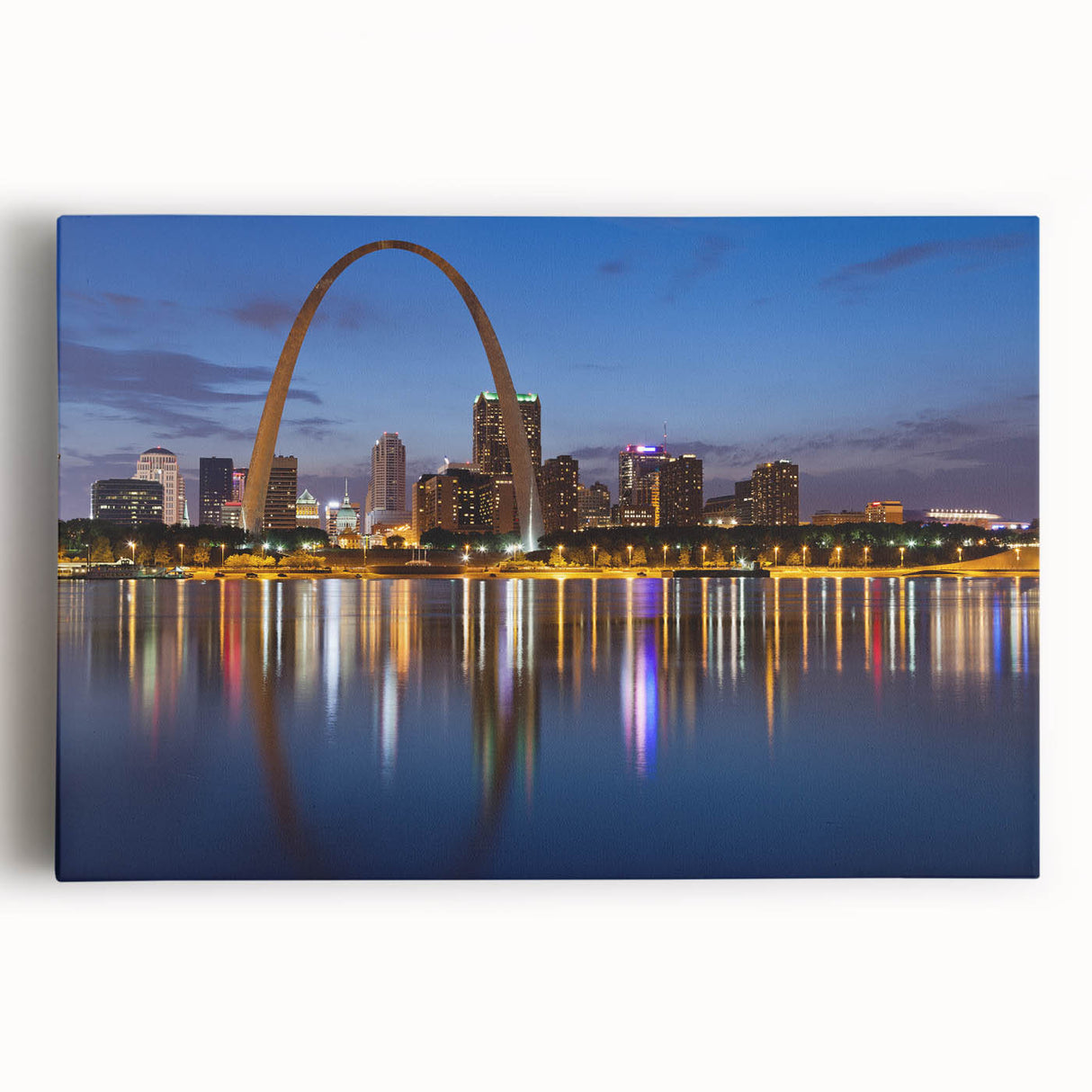 Black and white photo of St. Louis skyline on stretched canvas, suitable for kitchen wall art.