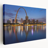 Stretched canvas of St. Louis skyline in muted blues and greens, ideal for kitchen wall art.