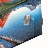 Large abstract wall art of Montana Glacier in muted blue and gray tones on acrylic glass, ideal for dining room ambiance.