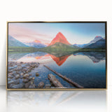 Mid-century modernist art depicting Glacier National Park in acrylic, framed in gold, suitable for nursery wall art.