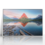 Acrylic print of Glacier National Park in muted earth tones, framed in white, suitable for modern art wall decor.