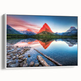 Vintage poster art of Glacier National Park on framed canvas, featuring colorful art with a black border.