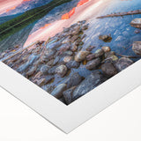 Art deco poster of Glacier National Park in muted green and blue shades on rolled canvas, suitable for dining room decor.