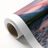 Art deco poster of Montana's Glacier scenery on rolled canvas, featuring cool blue and white tones.