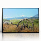 Large abstract wall art depicting a Montana landscape in muted earth tones, framed in black acrylic.