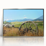 Mid-century modernist art depicting Montana scenery in acrylic, framed in silver, suitable for nursery wall decor.