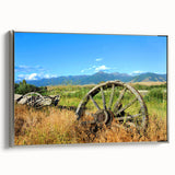 Framed canvas landscape art painting featuring a mountainous Montana scene in muted earth tones.