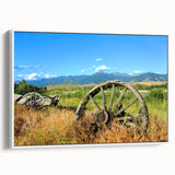 Vintage poster art of a Montana landscape on a framed canvas, featuring a colorful palette, ideal for living room decor.