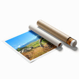 Extra large rolled print of a Montana landscape with vibrant green and blue tones, ideal for classy bathroom wall art.