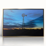 Mid-century modernist Nebraska scenery on gold-framed acrylic, in muted earth tones, ideal for nursery wall art.